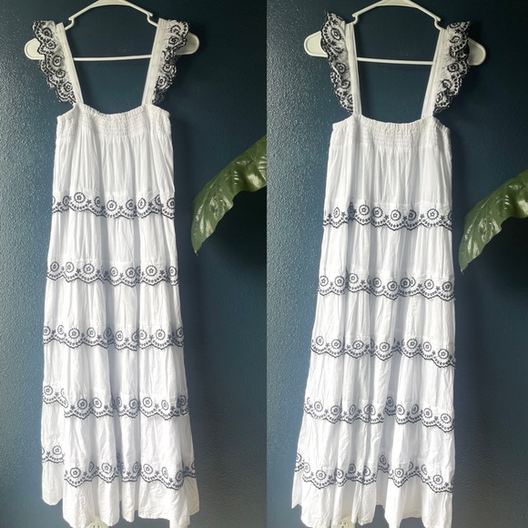 White 100% Cotton Embroidered Flutter Sleeveless Tiered Boho Maxi Dress - Picture 5 of 13